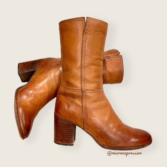 $399 Frye Nora Mid Calf Pull On Cognac Leather Heeled Fall/Winter Ankle Bootie - Picture 13 of 14